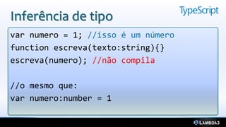 Inferência de tipo
var numero = 1; //isso é um número
function escreva(texto:string){}
escreva(numero); //não compila

//o mesmo que:
var numero:number = 1
 