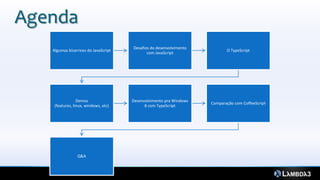 Agenda
                                      Desafios do desenvolvimento
   Algumas bizarrices do JavaScript                                        O TypeScript
                                             com JavaScript




                 Demos                Desenvolvimento pra Windows
                                                                    Comparação com CoffeeScript
    (features, linux, windows, etc)         8 com TypeScript




                 Q&A
 