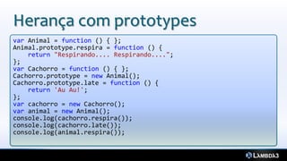 Herança com prototypes
var Animal = function () { };
Animal.prototype.respira = function () {
    return "Respirando.... Respirando....";
};
var Cachorro = function () { };
Cachorro.prototype = new Animal();
Cachorro.prototype.late = function () {
    return 'Au Au!';
};
var cachorro = new Cachorro();
var animal = new Animal();
console.log(cachorro.respira());
console.log(cachorro.late());
console.log(animal.respira());
 