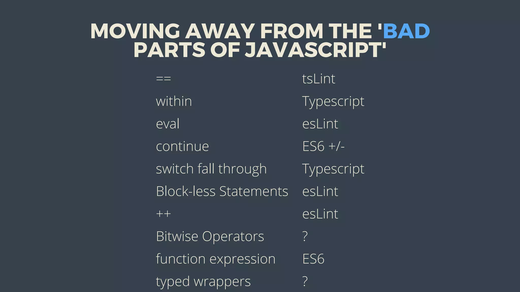 MOVING	AWAY	FROM	THE	'BAD
PARTS	OF	JAVASCRIPT'
== tsLint
within Typescript
eval esLint
continue ES6	+/-
switch	fall	through Typescript
Block-less	Statements esLint
++ esLint
Bitwise	Operators ?
function	expression ES6
typed	wrappers ?
 