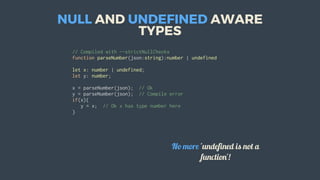 NULL	AND	UNDEFINED	AWARE
TYPES
//	Compiled	with	--strictNullChecks
function	parseNumber(json:string):number	|	undefined
let	x:	number	|	undefined;
let	y:	number;
x	=	parseNumber(json);		//	Ok
y	=	parseNumber(json);		//	Compile	error
if(x){
			y	=	x;		//	Ok	x	has	type	number	here
}
										
No	more	'undefined	is	not	a
function'!
 