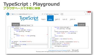 TypeScript : Playground
ブラウザベースで手軽に体験
 