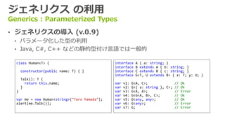 ジェネリクス の利用
Generics : Parameterized Types
&bull; ジェネリクスの導入 (v.0.9)
&bull; パラメータ化した型の利用
&bull; Java, C#, C++ などの静的型付け言語では一般的
class Human<T> {
constructor(public name: T) { }
Talk(): T {
return this.name;
}
}
var me = new Human<string>("Taro Yamada");
alert(me.Talk());
interface A { a: string; }
interface B extends A { b: string; }
interface C extends B { c: string; }
interface G<T, U extends B> { x: T; y: U; }
var v1: G<A, C>; // Ok
var v2: G<{ a: string }, C>; // Ok
var v3: G<A, A>; // Error
var v4: G<G<A, B>, C>; // Ok
var v5: G<any, any>; // Ok
var v6: G<any>; // Error
var v7: G; // Error
 