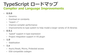 TypeScript ロードマップ
Compiler and Language Improvements
&bull; 0.9.0
&bull; Generics
&bull; Overload on constants
&bull; "export ="
&bull; Improve compiler performance
&bull; Improvements to type system to help model a larger variety of JS libraries
&bull; 0.9.1
&bull; 'typeof' support in type expression
&bull; Project integration support in VS plugin
&bull; 1.0
&bull; Stabilization
&bull; 1.x
&bull; Async/Await, Mixins, Protected access
&bull; ES6-compatible codegen
 