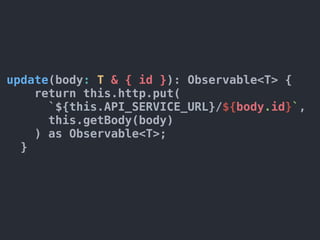 update(body: T & { id }): Observable<T> {
return this.http.put(
`${this.API_SERVICE_URL}/${body.id}`,
this.getBody(body)
) as Observable<T>;
}
 