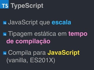 JavaScript que escala
Tipagem estática em tempo
de compilação
Compila para JavaScript
(vanilla, ES201X)
TypeScript
 