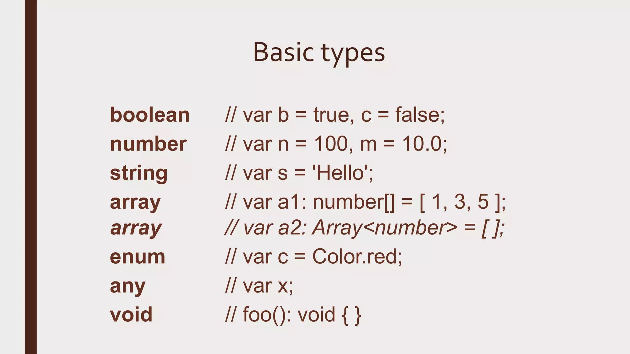 Basic types boolean // var b = true, c = false; number // var n = 100, m = 10.0; string // var s = 'Hello'; array // var a1: number[] = [ 1, 3, 5 ]; array // var a2: Array<number> = [ ]; enum // var c = Color.red; any // var x; void // foo(): void { } 