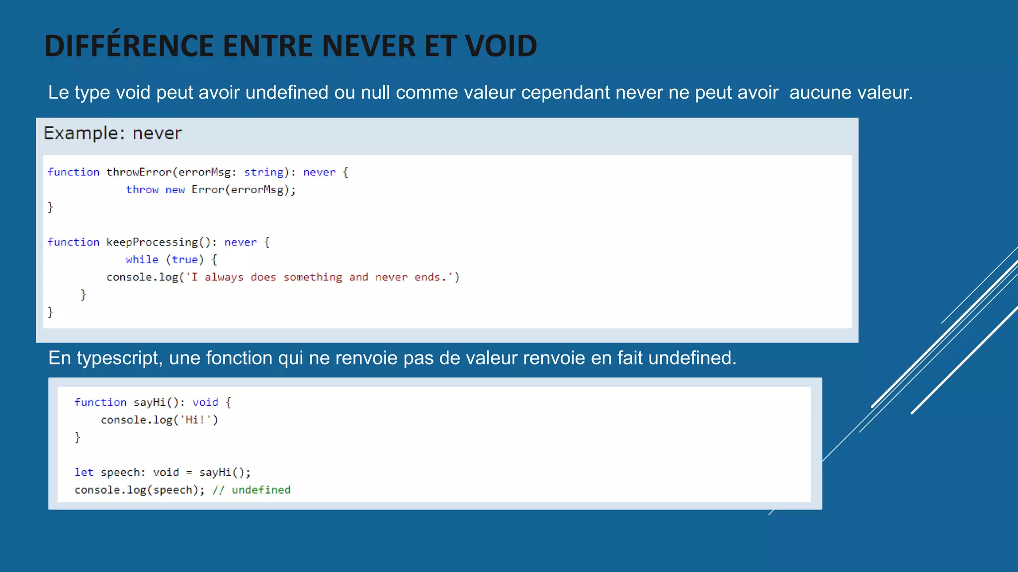 DIFFÉRENCE ENTRE NEVER ET VOID
Le type void peut avoir undefined ou null comme valeur cependant never ne peut avoir aucune valeur.
En typescript, une fonction qui ne renvoie pas de valeur renvoie en fait undefined.
 