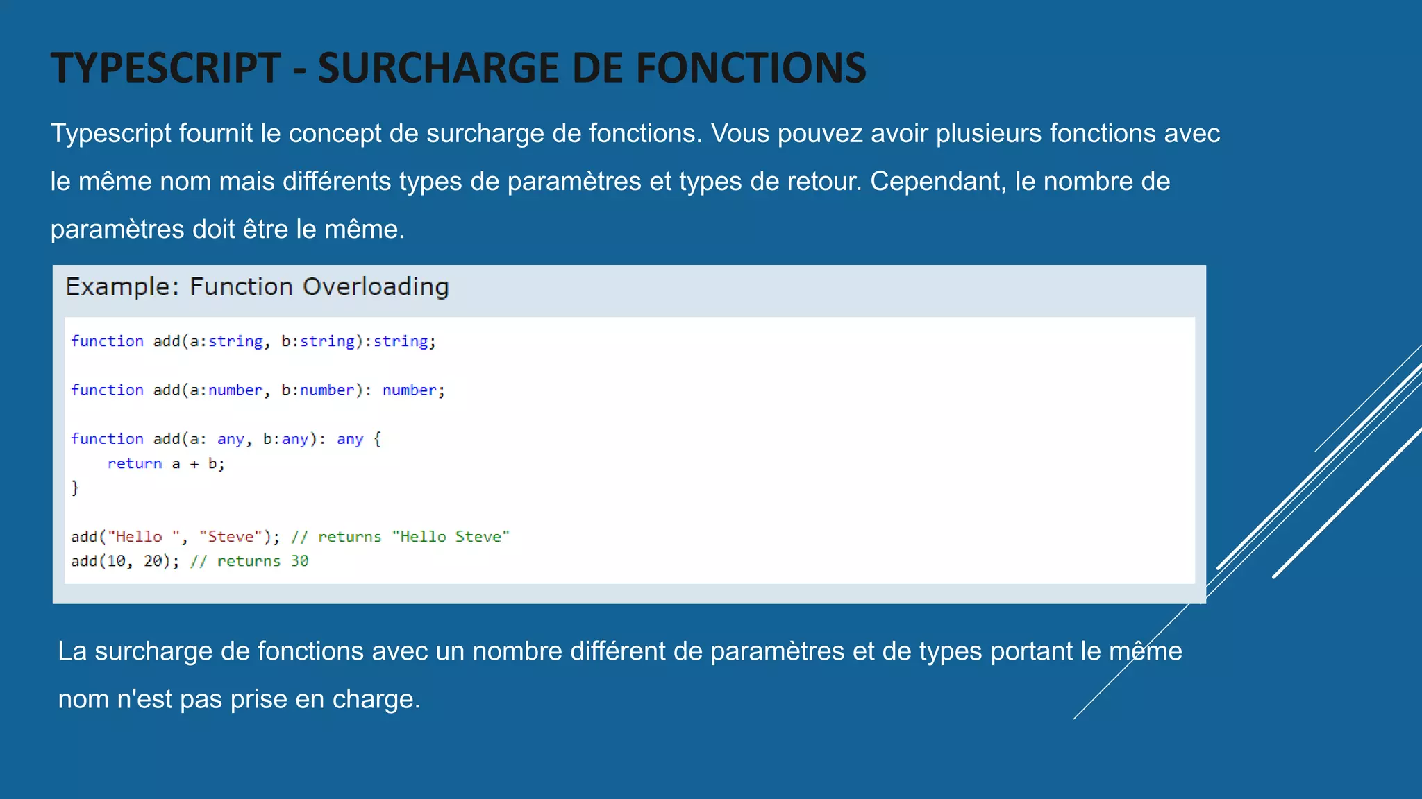 TYPESCRIPT - SURCHARGE DE FONCTIONS
Typescript fournit le concept de surcharge de fonctions. Vous pouvez avoir plusieurs fonctions avec
le même nom mais différents types de paramètres et types de retour. Cependant, le nombre de
paramètres doit être le même.
La surcharge de fonctions avec un nombre différent de paramètres et de types portant le même
nom n'est pas prise en charge.
 