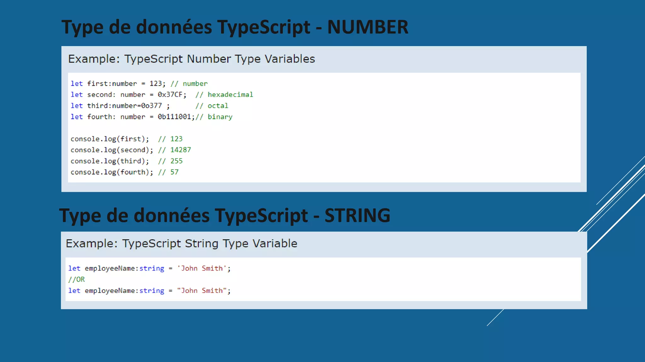 Type de données TypeScript - NUMBER
Type de données TypeScript - STRING
 