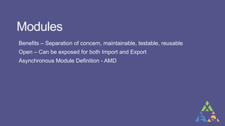 Modules
Benefits – Separation of concern, maintainable, testable, reusable
Open – Can be exposed for both Import and Export
Asynchronous Module Definition - AMD
 