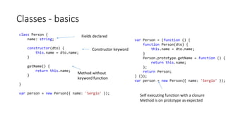 Classes - basics
class Person {
name: string;
constructor(dto) {
this.name = dto.name;
}
getName() {
return this.name;
}
}
var person = new Person({ name: 'Sergio' });
Fields declared
Constructor keyword
Method without
keyword function
var Person = (function () {
function Person(dto) {
this.name = dto.name;
}
Person.prototype.getName = function () {
return this.name;
};
return Person;
} ());
var person = new Person({ name: 'Sergio' });
Self executing function with a closure
Method is on prototype as expected
 