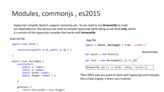 Modules, commonjs , es2015
Typescript compiler doesn’t support commonjs yet.. So we need to use browserify to crawl
our dependencies. But becaue we need to compile typescript while doing so we need tsify, which
is a version of the typescript compiler that works with browserify
export class Point {
constructor(public x= 0, public y= 0) { }
}
export class Rectangle {
constructor(
public x: number,
public y: number,
public width: number,
public height: number ) {
}
getArea() {
return this.width * this.height;
import { Point, Rectangle } from './other';
var point = new Point();
var rect = new Rectangle(1, 2, 3, 4);
browserify app.ts -p tsify --debug > bundle.js
Then ONLY way you want to work with typescript and modules,
this is how angular 2 team uses modules
External file App file
Sourcemaps
 