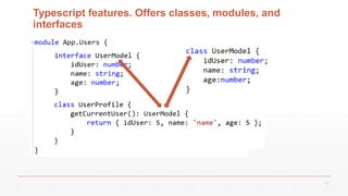 Typescript features. Offers classes, modules, and
interfaces
12
 