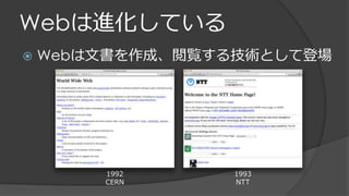 Webは進化している
 Webは文書を作成、閲覧する技術として登場
1992
CERN
1993
NTT
 