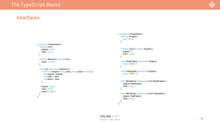 TheTypeScript Basics
17
Interfaces
namespace Presentation {
interface IEngine {
type: string;
}
interface ICar<T extends IEngine> {
engine: T;
color: string;
}
class SlowEngine implements IEngine {
type = "slow :(";
}
class FastEngine implements IEngine {
type = "FAST :)";
}
class MySlowCar implements ICar<SlowEngine> {
engine: SlowEngine;
color: string;
}
class MyFastCar implements ICar<FastEngine> {
engine: FastEngine;
color: string;
}
}
namespace Presentation {
interface ICar {
engine: string;
color: string;
}
interface IBasicCar extends ICar {
doors: number;
}
class Car implements IBasicCar {
constructor(engine: string, color: string, doors: number) {
this.engine = engine;
this.color = color;
this.doors = doors;
}
engine: string;
color: string;
doors: number;
}
}
 
