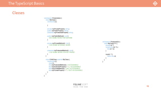 TheTypeScript Basics
19
Classes
namespace Presentation {
class MyClass<T> {
private id: T;
constructor(id: T) {
this.id = id;
}
myId(): T {
return this.id;
}
}
}
namespace Presentation {
class MyClass {
constructor() {
}
private myPrivateProperty: string;
public myPublicProperty: string;
protected myProtectedProperty: string;
public myPublicMethod(): void {
//DO SOME WORK FOR ANYONE
}
private myPrivateMethod(): void {
// DO SOME INTERNAL WORK
}
protected myProtectedMethod(): void {
// DO SOME WORK FOR MY FRIEND
}
}
class ChildClass extends MyClass {
constructor() {
super();
this.myProtectedMethod(); // ACCESSABLE
this.myProtectedProperty = ""; // ACCESSABLE
this.myPrivateMethod(); // NOT ACCESSABLE
this.myPrivateProperty = ""; // NOT ACCESSABLE
}
}
}
 