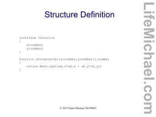 © 2015 Haim Michael 20150807
Structure Definition
interface ILocation
{
x:number;
y:number;
}
function distance(ob:{x:number,y:number}):number
{
return Math.sqrt(ob.x*ob.x + ob.y*ob.y);
}
LifeMichael.com
 