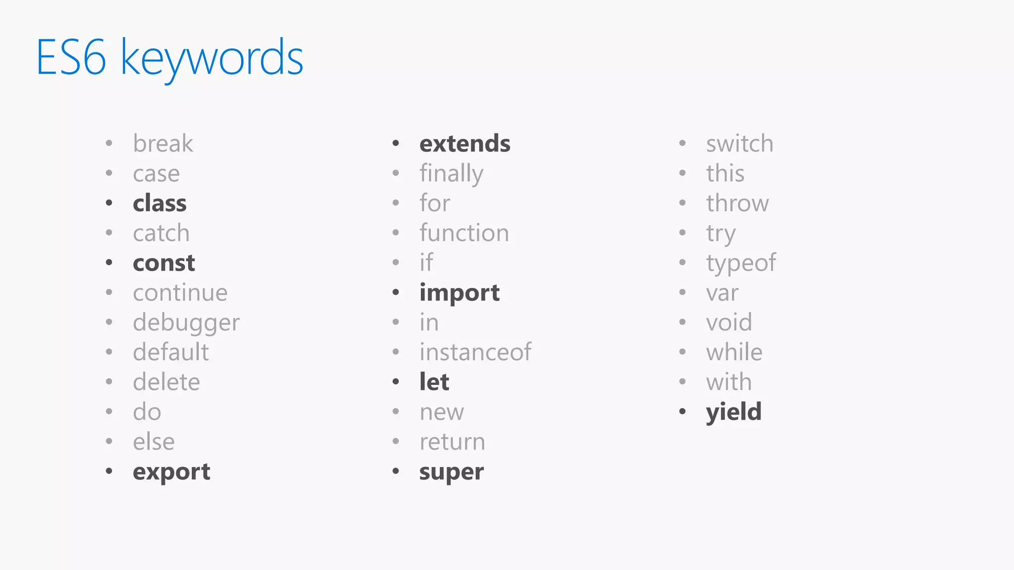 ES6 keywords • break • case • class • catch • const • continue • debugger • default • delete • do • else • export • extends • finally • for • function • if • import • in • instanceof • let • new • return • super • switch • this • throw • try • typeof • var • void • while • with • yield 