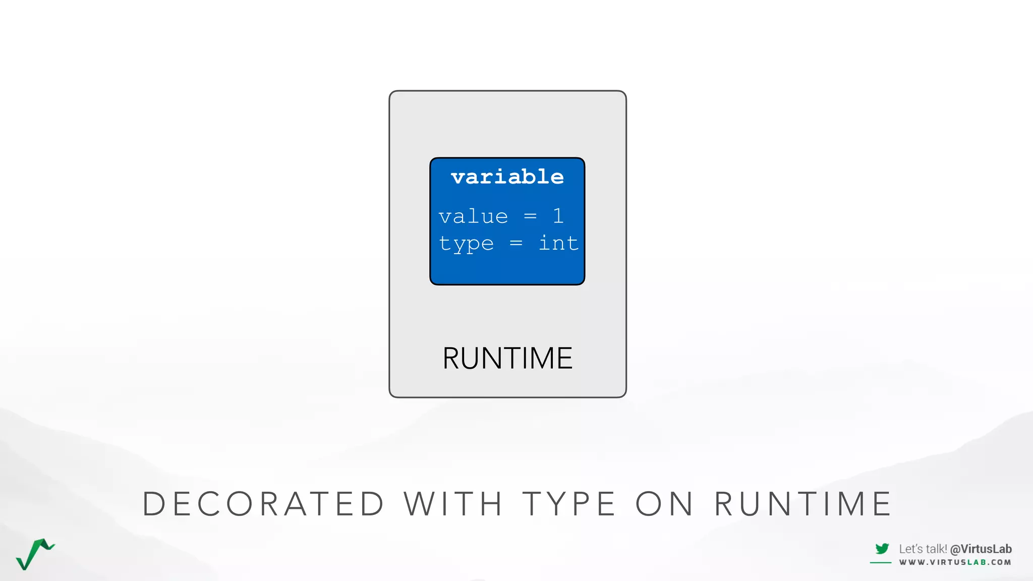 RUNTIME
D E C O R AT E D W I T H T Y P E O N R U N T I M E
value = 1
type = int
variable
 