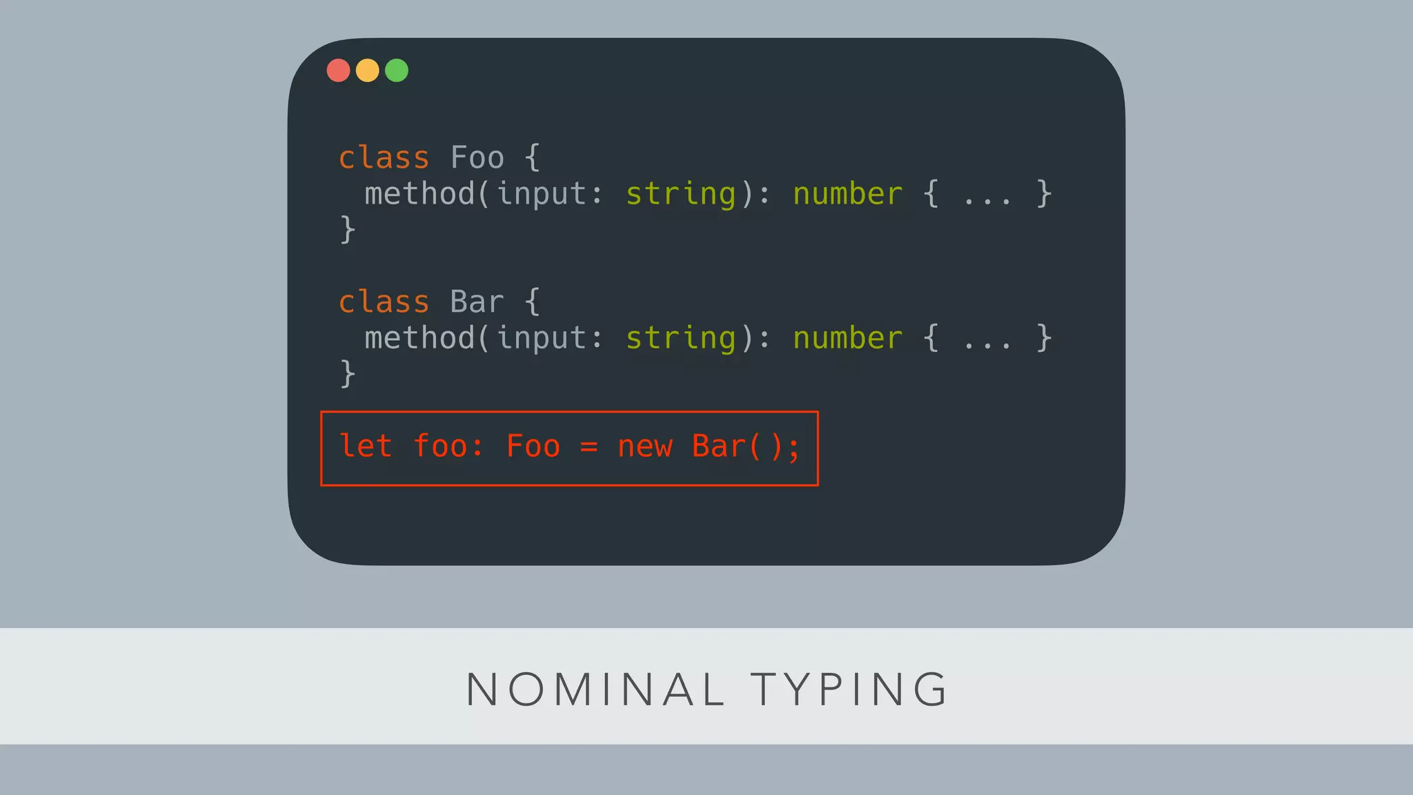 N O M I N A L T Y P I N G
class Foo {
method(input: string): number { ... }
}
class Bar {
method(input: string): number { ... }
}
let foo: Foo = new Bar();
 