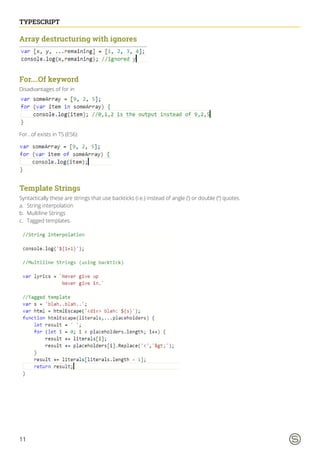 11
TYPESCRIPT
Array destructuring with ignores
For….Of keyword
Disadvantages of for in
For…of exists in TS (ES6)
	
Template Strings
Syntactically these are strings that use backticks (i.e.) instead of angle (‘) or double (“) quotes.
a.	 String interpolation
b.	 Multiline Strings
c.	 Tagged templates.
 