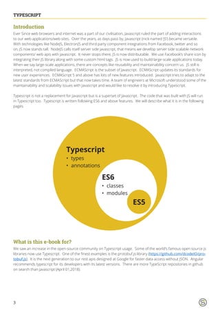 3
TYPESCRIPT
Introduction
Ever Since web browsers and internet was a part of our civilisation, Javascript ruled the part of adding interactions
to our web applications/web sites. Over the years, as days pass by, Javascript (nick-named ‘JS’) became versatile.
With technologies like NodeJS, ElectronJS and third party component integrations from Facebook, twitter and so
on, JS now stands tall. NodeJS calls itself server side javascript, that means we develop server side scalable network
components/ web apis with javascript. It never stops there, JS is now distributable. We use Facebook’s share icon by
integrating their JS library along with some custom html tags. JS is now used to build large-scale applications today.
When we say large-scale applications, there are concepts like reusability and maintainability concern us. JS still is
interpreted, not compiled language. ECMAScript is the subset of Javascript. ECMAScript updates its standards for
new user experiences. ECMAScript 5 and above has lots of new features introduced. Javascript tries to adapt to the
latest standards from ECMAScript but that now takes time. A team of engineers at Microsoft understood some of the
maintainability and scalability issues with Javascript and would like to resolve it by introducing Typescript.
Typescript is not a replacement for Javascript but is a superset of Javascript. The code that was built with JS will run
in Typescript too. Typescript is written following ES6 and above features. We will describe what it is in the following
pages.
What is this e-book for?
We saw an increase in the open-source community on Typescript usage. Some of the world’s famous open source js
libraries now use Typescript. One of the finest examples is the protobuf.js library (https://github.com/dcodeIO/pro-
tobuf.js). It is the next generation to our rest apis designed at Google for faster data access without JSON. Angular
recommends typescript for its developers with its latest versions. There are more TypeScript repositories in github
on search than Javascript (April 01,2018).
Typescript
ES6
ES5
•	 types
•	 annotations
•	 classes
•	 modules
 