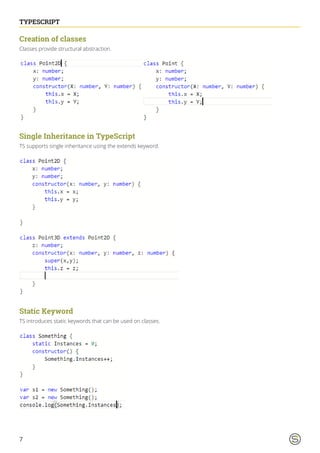 7
TYPESCRIPT
Creation of classes
Classes provide structural abstraction.
Single Inheritance in TypeScript
TS supports single inheritance using the extends keyword.
Static Keyword
TS introduces static keywords that can be used on classes.
 