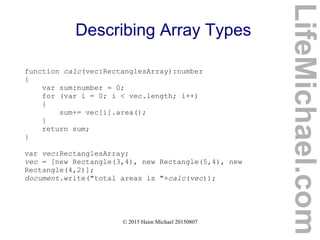 © 2015 Haim Michael 20150807
Describing Array Types
function calc(vec:RectanglesArray):number
{
var sum:number = 0;
for (var i = 0; i < vec.length; i++)
{
sum+= vec[i].area();
}
return sum;
}
var vec:RectanglesArray;
vec = [new Rectangle(3,4), new Rectangle(5,4), new
Rectangle(4,2)];
document.write("total areas is "+calc(vec));
LifeMichael.com
 
