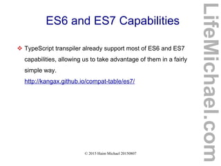 © 2015 Haim Michael 20150807
ES6 and ES7 Capabilities
 TypeScript transpiler already support most of ES6 and ES7
capabilities, allowing us to take advantage of them in a fairly
simple way.
http://kangax.github.io/compat-table/es7/
LifeMichael.com
 