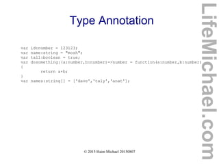 © 2015 Haim Michael 20150807
Type Annotation
var id:number = 123123;
var name:string = "mosh";
var tall:boolean = true;
var dosomething:(a:number,b:number)=>number = function(a:number,b:number)
{
return a+b;
}
var names:string[] = ['dave','taly','anat'];
LifeMichael.com
 