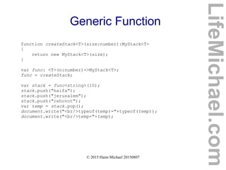 © 2015 Haim Michael 20150807
Generic Function
function createStack<T>(size:number):MyStack<T>
{
return new MyStack<T>(size);
}
var func: <T>(n:number)=>MyStack<T>;
func = createStack;
var stack = func<string>(10);
stack.push("haifa");
stack.push("jerusalem");
stack.push("rehovot");
var temp = stack.pop();
document.write("<br/>typeof(temp)="+typeof(temp));
document.write("<br/>temp="+temp);
LifeMichael.com
 