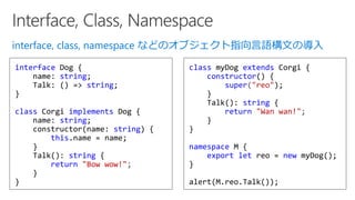 interface, class, namespace などのオブジェクト指向言語構文の導入
interface Dog {
name: string;
Talk: () => string;
}
class Corgi implements Dog {
name: string;
constructor(name: string) {
this.name = name;
}
Talk(): string {
return "Bow wow!";
}
}
class myDog extends Corgi {
constructor() {
super("reo");
}
Talk(): string {
return "Wan wan!";
}
}
namespace M {
export let reo = new myDog();
}
alert(M.reo.Talk());
 