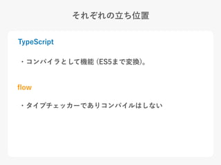 それぞれの立ち位置
TypeScript
ﬂow
・コンパイラとして機能 (ES5まで変換)。
・タイプチェッカーでありコンパイルはしない
 