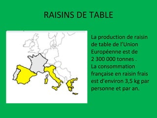 RAISINS DE TABLE La production de raisin de table de l’Union Européenne est de  2 300 000 tonnes . La consommation française en raisin frais est d’environ 3,5 kg par personne et par an. 