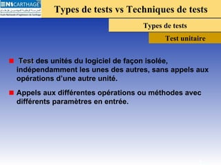 Types de tests vs Techniques de testsTypes de tests vs Techniques de tests
Types de testsTypes de tests
Test unitaire
TestTest des unités du logiciel de façon isolée,
indépendamment les unes des autres, sans appels aux
opérations d’une autre unité.
Appels aux différentes opérations ou méthodes avec
différents paramètres en entrée.
9
 