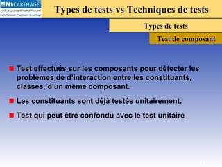 Types de tests vs Techniques de testsTypes de tests vs Techniques de tests
Types de testsTypes de tests
Test de composant
TestTest effectués sur les composants pour détecter les
problèmes de d’interaction entre les constituants,
classes, d’un même composant.
Les constituants sont déjà testés unitairement.
Test qui peut être confondu avec le test unitaire
11
 