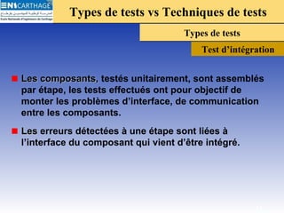 Types de tests vs Techniques de testsTypes de tests vs Techniques de tests
Types de testsTypes de tests
Test d’intégration
Les composants,Les composants, testés unitairement, sont assemblés
par étape, les tests effectués ont pour objectif de
monter les problèmes d’interface, de communication
entre les composants.
LesLes erreurs détectées à une étape sont liées à
l’interface du composant qui vient d’être intégré.
12
 