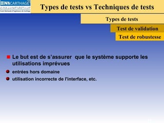 Types de tests vs Techniques de testsTypes de tests vs Techniques de tests
Types de testsTypes de tests
Test de validation
Le but est de s’assurer que le système supporte les
utilisations imprévues
entrées hors domaine
utilisation incorrecte de l'interface, etc.
15
Test de robustesse
 
