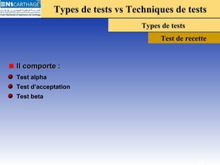 Types de tests vs Techniques de testsTypes de tests vs Techniques de tests
Types de testsTypes de tests
Test de recette
Il comporte :Il comporte :
Test alpha
Test d’acceptation
Test beta
18
 