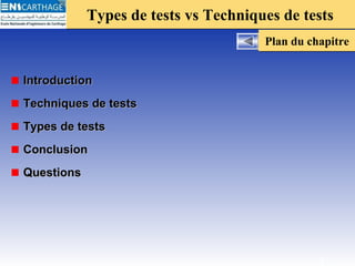 Types de tests vs Techniques de testsTypes de tests vs Techniques de tests
Plan du chapitrePlan du chapitre
IntroductionIntroduction
Techniques de testsTechniques de tests
Types de testsTypes de tests
ConclusionConclusion
QuestionsQuestions
1
 