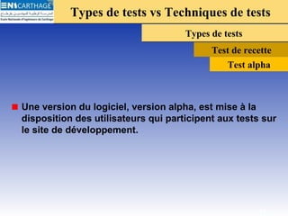 Types de tests vs Techniques de testsTypes de tests vs Techniques de tests
Types de testsTypes de tests
Test de recette
Une version du logiciel, version alpha, est mise à la
disposition des utilisateurs qui participent aux tests sur
le site de développement.
19
Test alpha
 
