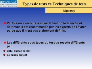 Types de tests vs Techniques de testsTypes de tests vs Techniques de tests
RéponsesRéponses
Parfois on a recours a mixer le test boite blanche etParfois on a recours a mixer le test boite blanche et
noir mais il est recommandé par les experts de l’éviternoir mais il est recommandé par les experts de l’éviter
parce que il n’est pas clairement définis.parce que il n’est pas clairement définis.
Les différents sous types du test de recette différentsLes différents sous types du test de recette différents
par:par:
Celui qui fait le test
Le milieu du test
26
 
