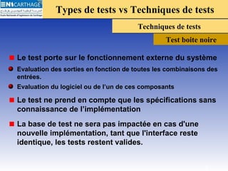 Types de tests vs Techniques de testsTypes de tests vs Techniques de tests
Techniques de testsTechniques de tests
Test boite noire
Le test porte sur le fonctionnement externe du système
Evaluation des sorties en fonction de toutes les combinaisons des
entrées.
Evaluation du logiciel ou de l’un de ces composants
Le test ne prend en compte que les spécifications sans
connaissance de l’implémentation
La base de test ne sera pas impactée en cas d'une
nouvelle implémentation, tant que l'interface reste
identique, les tests restent valides.
3
 