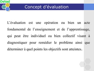 Concept d’évaluation
L’évaluation est une opération ou bien un acte
fondamental de l’enseignement et de l’apprentissage,
qui peut être individuel ou bien collectif visant à
diagnostiquer pour remédier le problème ainsi que
déterminer à quel points les objectifs sont atteintes.
 