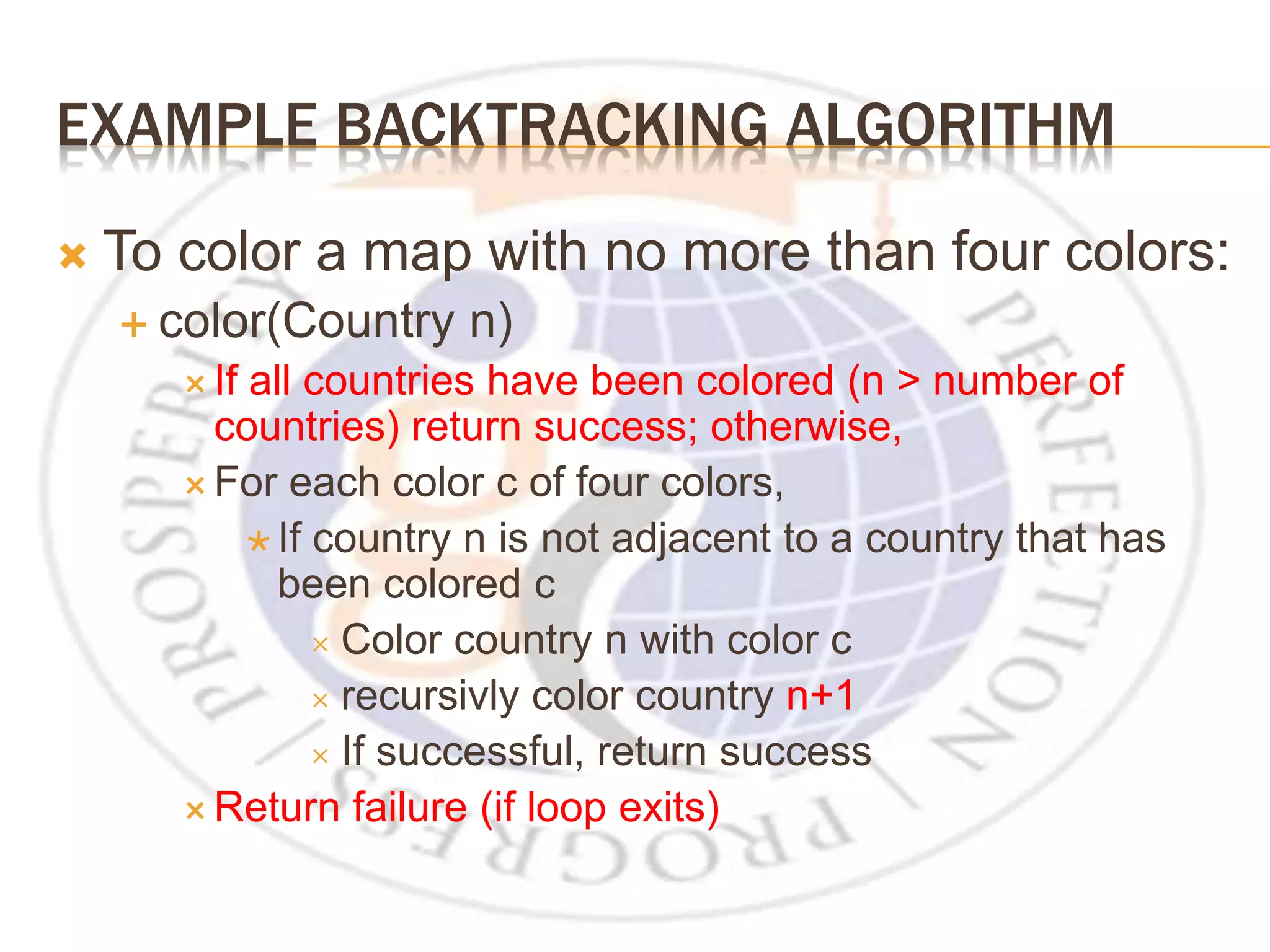 EXAMPLE BACKTRACKING ALGORITHM  To color a map with no more than four colors:  color(Country n)  If all countries have been colored (n > number of countries) return success; otherwise,  For each color c of four colors,  If country n is not adjacent to a country that has been colored c  Color country n with color c  recursivly color country n+1  If successful, return success  Return failure (if loop exits) 