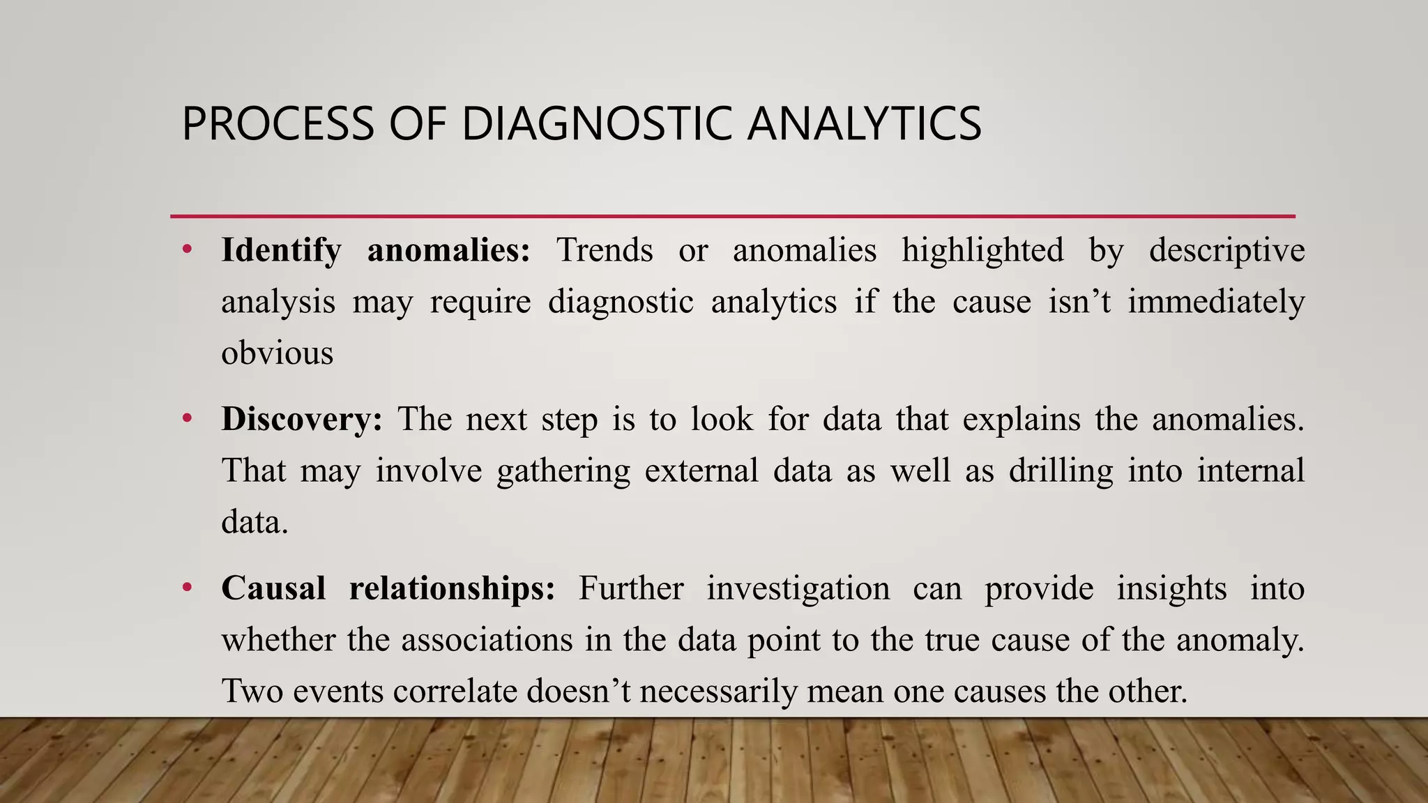 PROCESS OF DIAGNOSTIC ANALYTICS
• Identify anomalies: Trends or anomalies highlighted by descriptive
analysis may require diagnostic analytics if the cause isn’t immediately
obvious
• Discovery: The next step is to look for data that explains the anomalies.
That may involve gathering external data as well as drilling into internal
data.
• Causal relationships: Further investigation can provide insights into
whether the associations in the data point to the true cause of the anomaly.
Two events correlate doesn’t necessarily mean one causes the other.
 
