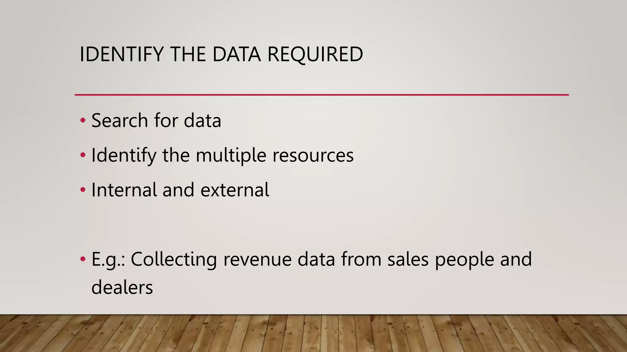 IDENTIFY THE DATA REQUIRED
• Search for data
• Identify the multiple resources
• Internal and external
• E.g.: Collecting revenue data from sales people and
dealers
 