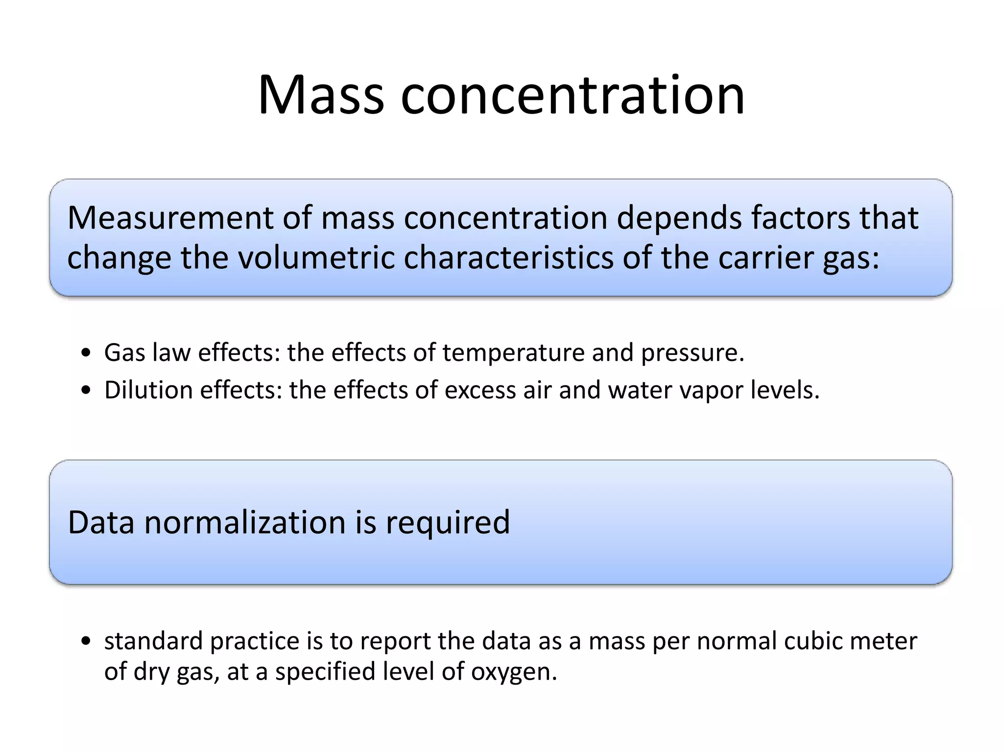 Mass concentration
Measurement of mass concentration depends factors that
change the volumetric characteristics of the carrier gas:
• Gas law effects: the effects of temperature and pressure.
• Dilution effects: the effects of excess air and water vapor levels.

Data normalization is required
• standard practice is to report the data as a mass per normal cubic meter
of dry gas, at a specified level of oxygen.

 