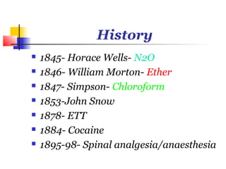 History
   1845- Horace Wells- N2O
   1846- William Morton- Ether
   1847- Simpson- Chloroform
   1853-John Snow
   1878- ETT
   1884- Cocaine
   1895-98- Spinal analgesia/anaesthesia
 